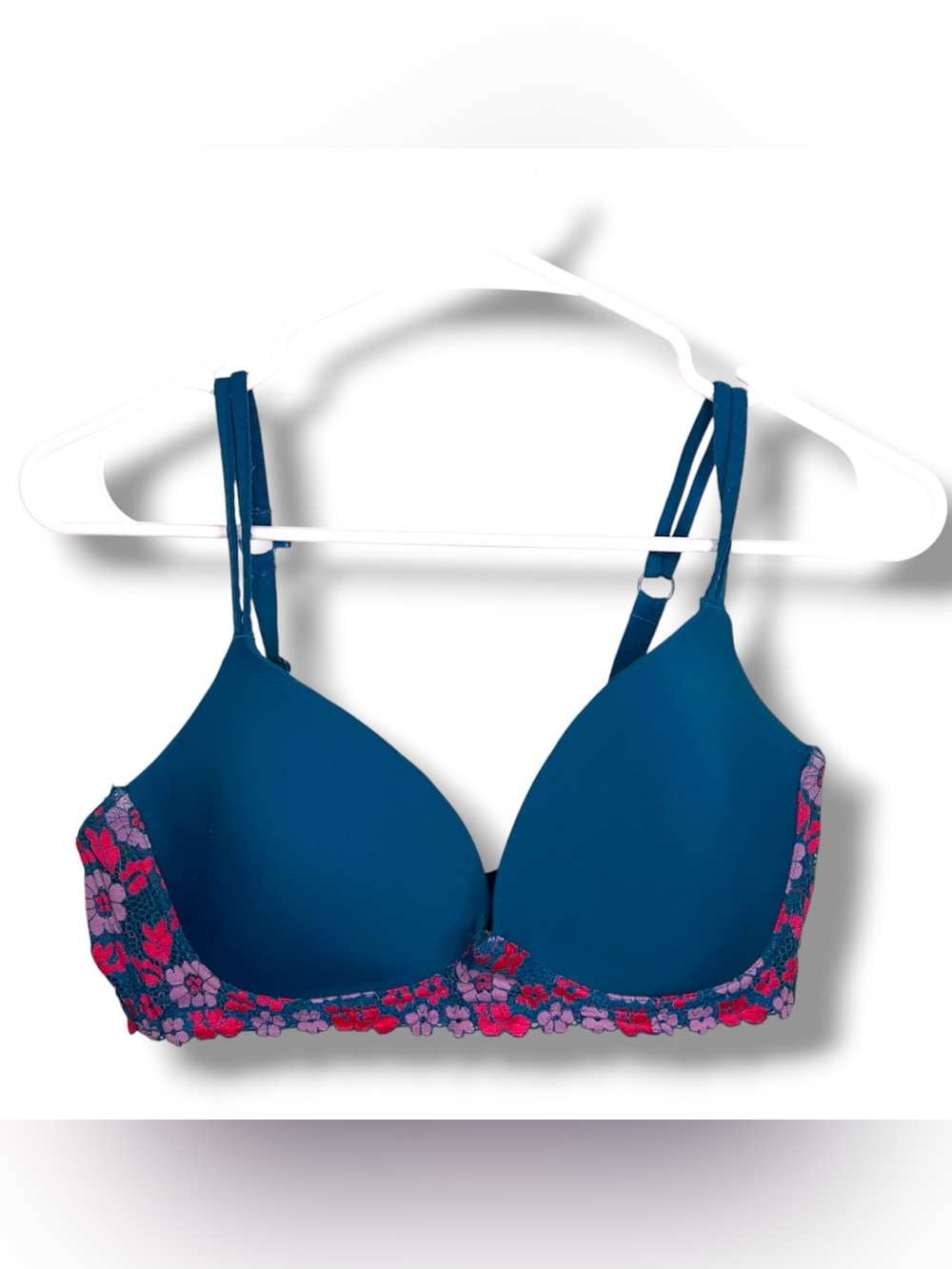 40C Teal Blue Floral Embroidery Bra Wireless Lined Adjustable Comfort Stretch